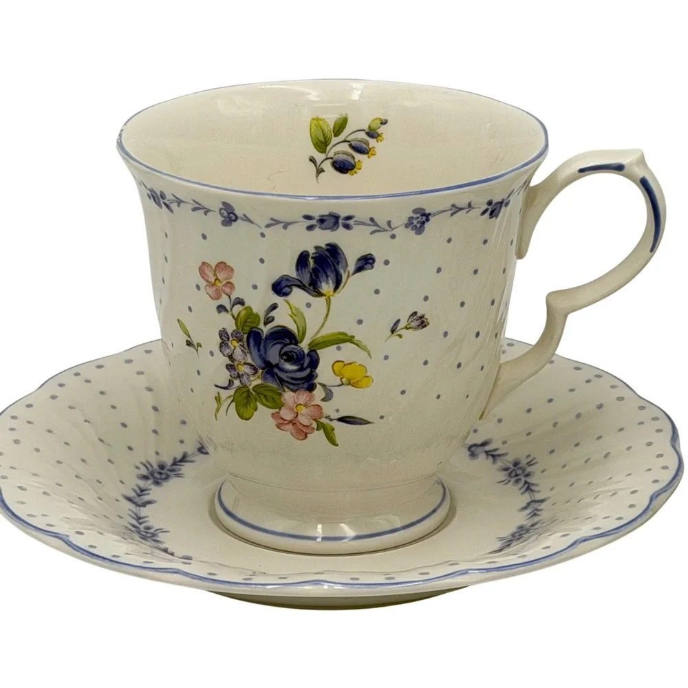 Vtg Nikko Blue Peony Floral Polka Dot Tea Cup and Saucer Swirl Set of 2 READ